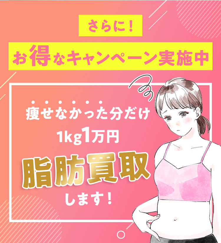 更に!お得なキャンペーン実施中!痩せなかった分だけ1kg1万円脂肪買取します!